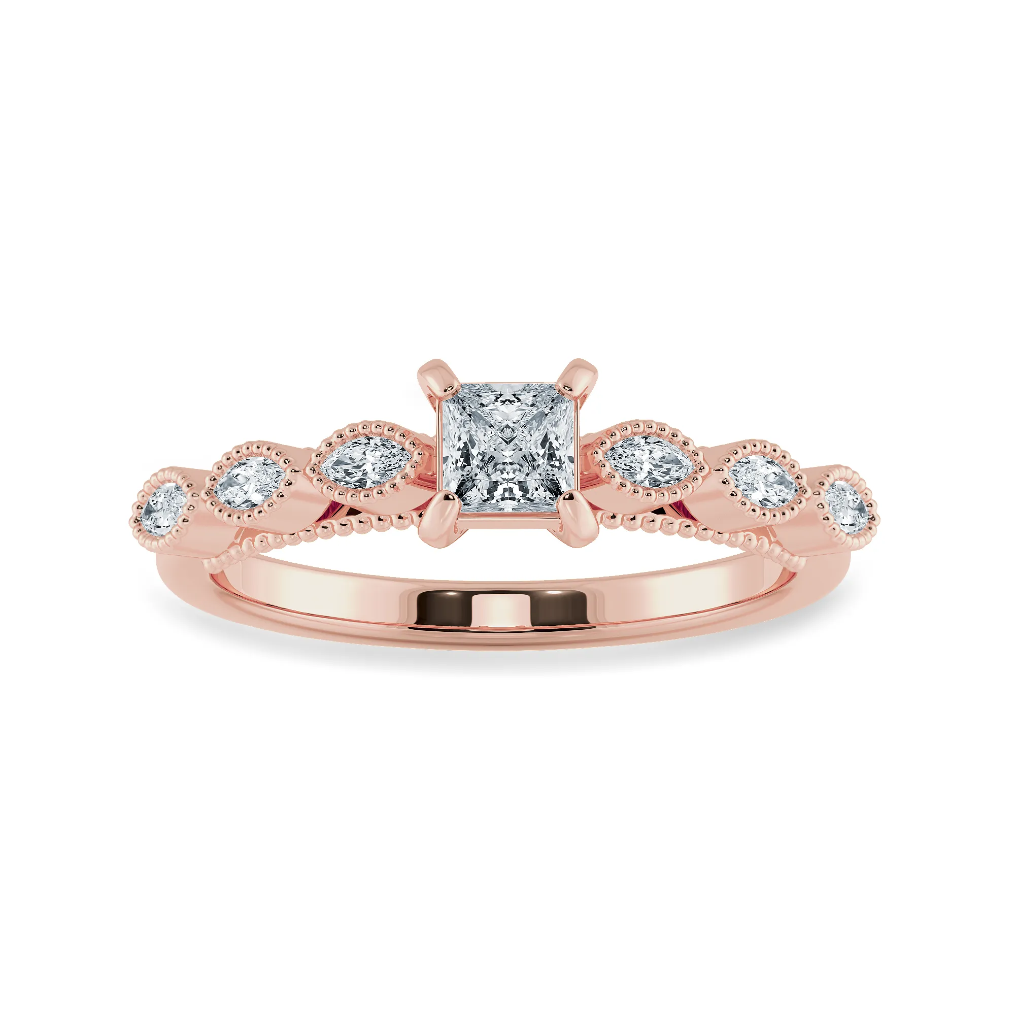 0.50cts. Princess Cut Solitaire with Marquise Diamond Accents 18K Rose Gold Ring JL AU 2012R-A