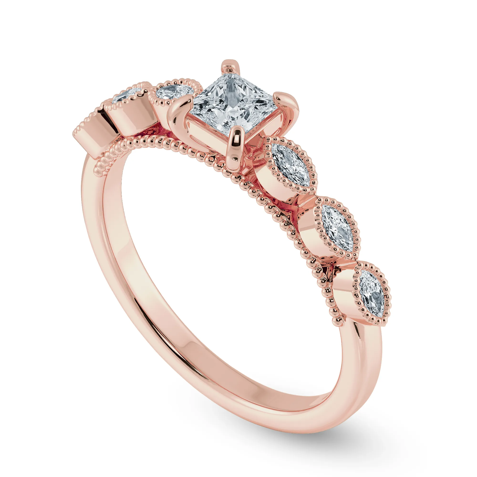 0.50cts. Princess Cut Solitaire with Marquise Diamond Accents 18K Rose Gold Ring JL AU 2012R-A