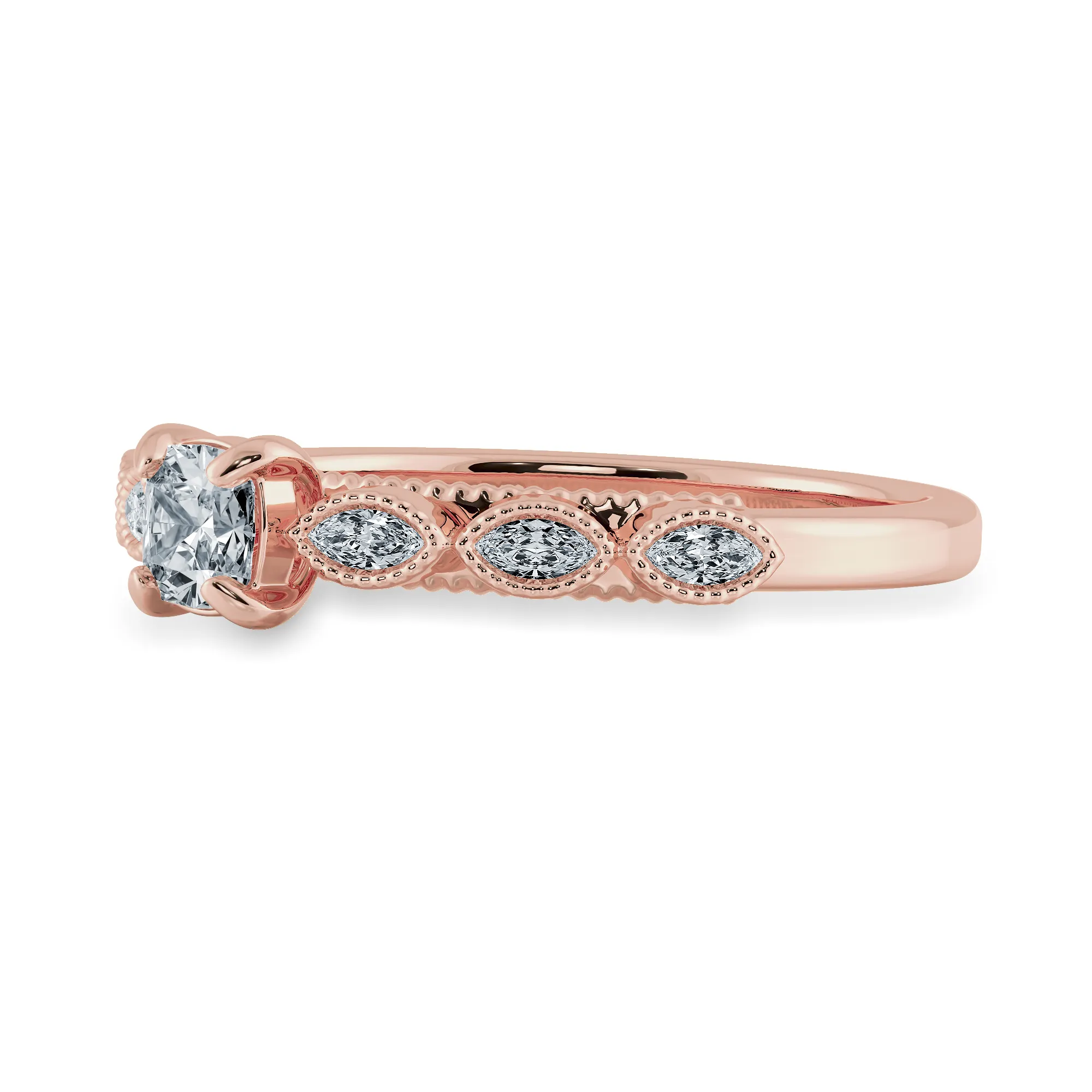 0.70cts. Cushion Cut Solitaire with Marquise Cut Diamond Accents 18K Rose Gold Ring JL AU 2013R-B