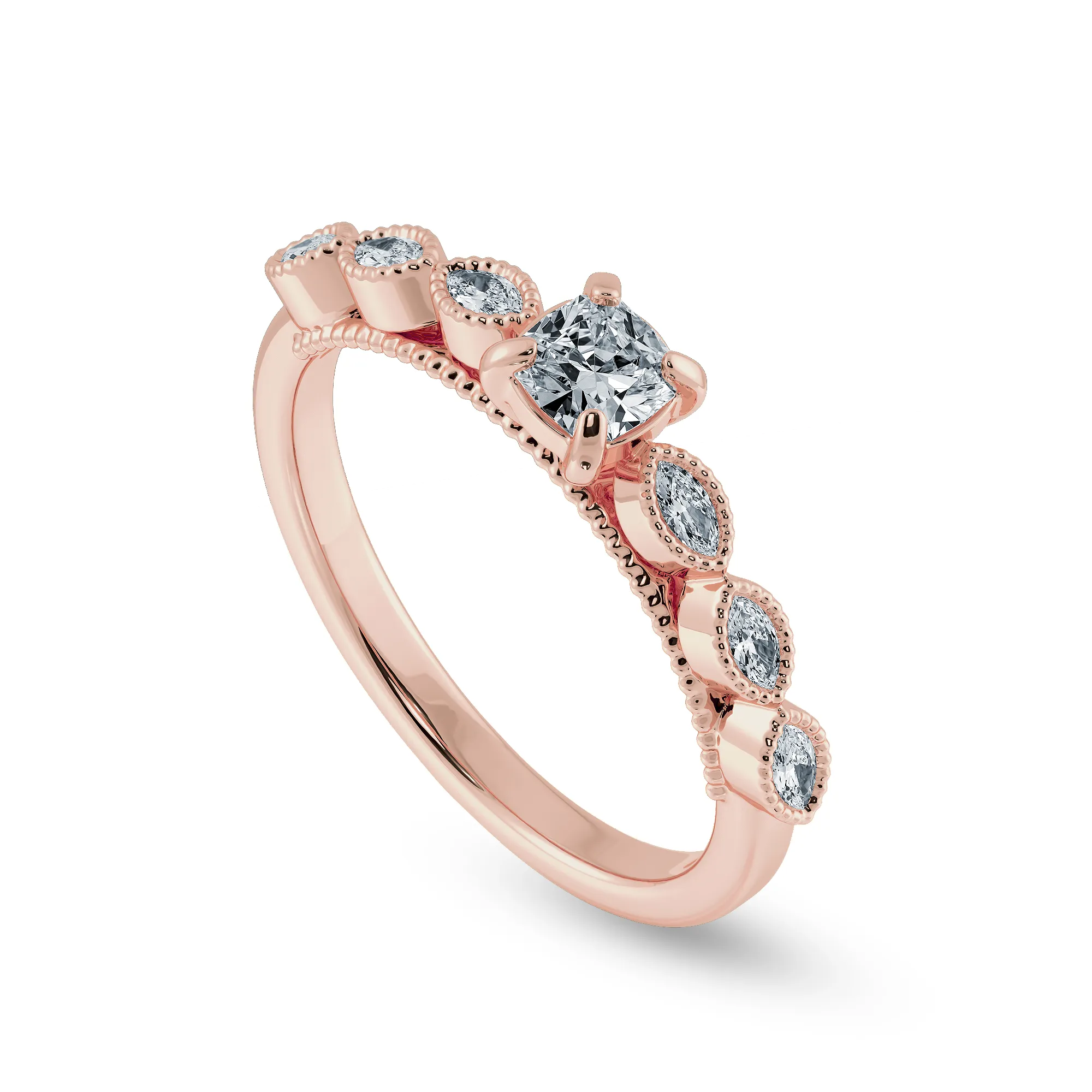 0.70cts. Cushion Cut Solitaire with Marquise Cut Diamond Accents 18K Rose Gold Ring JL AU 2013R-B