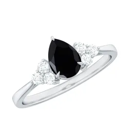 1 CT Pear Shaped Created Black Diamond Solitaire Ring with Diamond