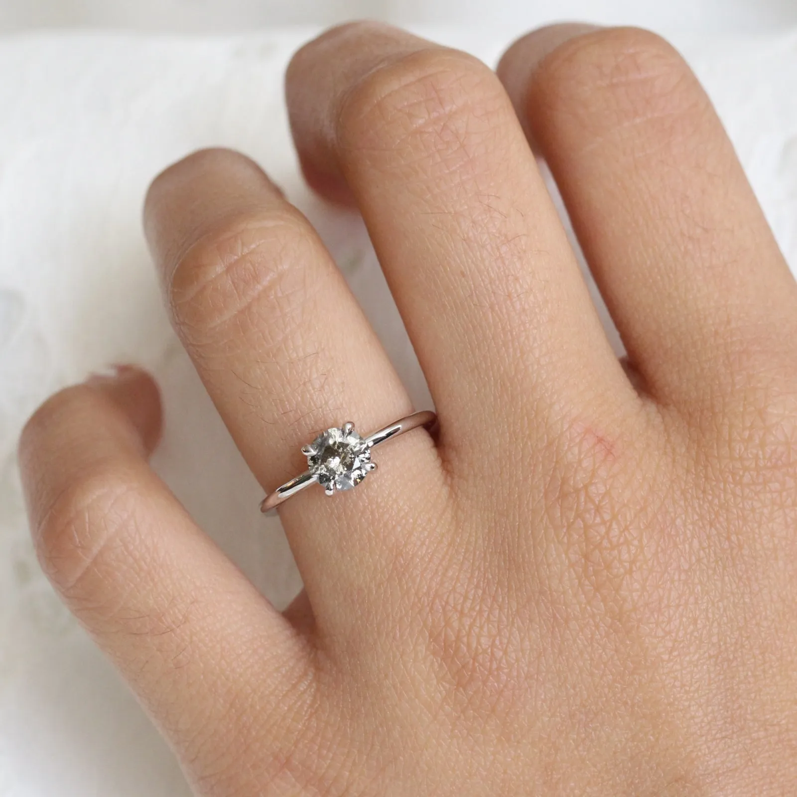1.02 Carat Salt and Pepper Diamond Ring in 14k White Gold Low Profile Solitaire Ring, Size 6