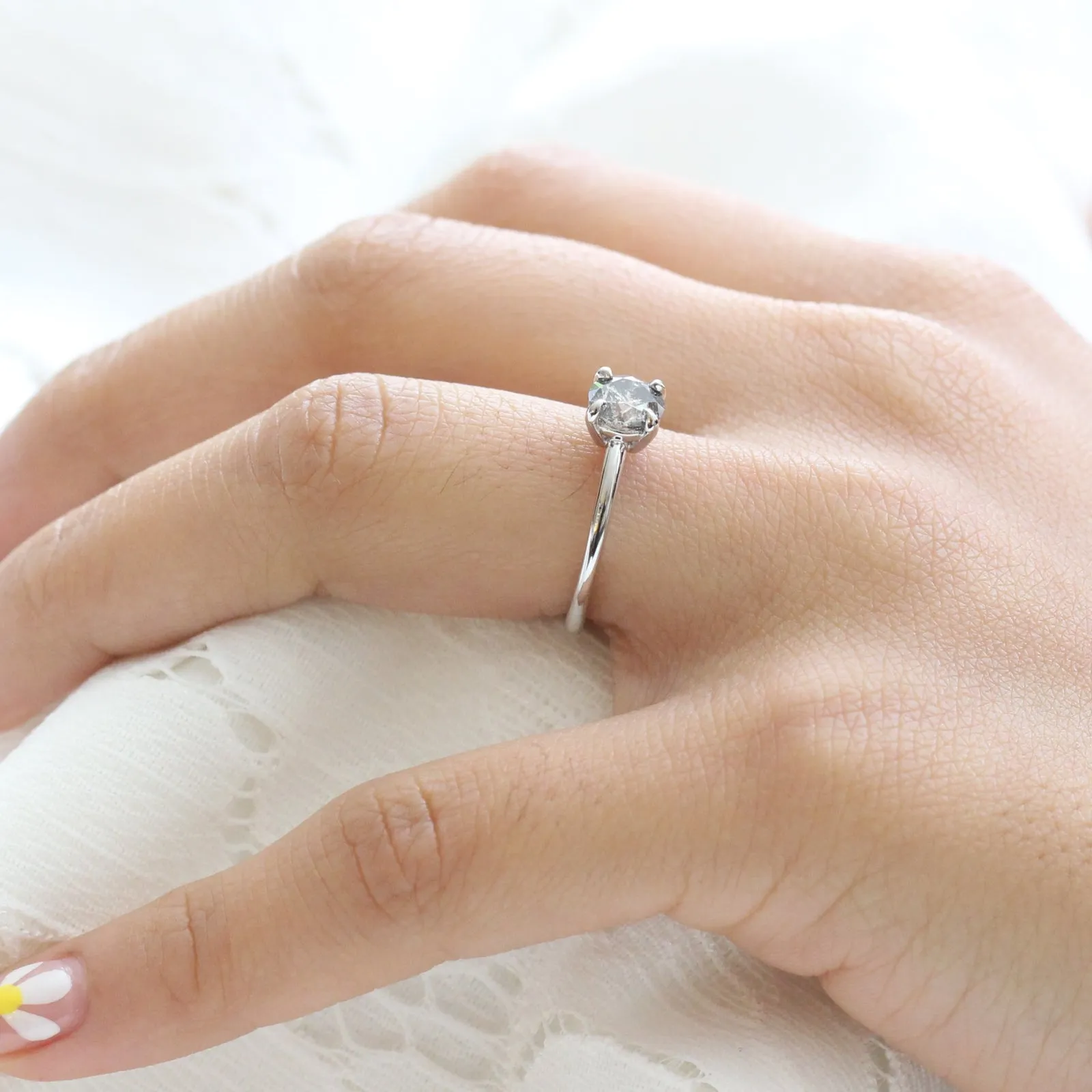 1.02 Carat Salt and Pepper Diamond Ring in 14k White Gold Low Profile Solitaire Ring, Size 6