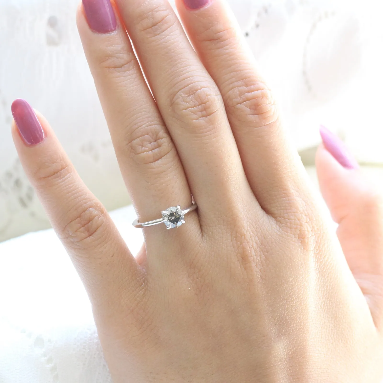 1.02 Carat Salt and Pepper Diamond Ring in 14k White Gold Low Profile Solitaire Ring, Size 6