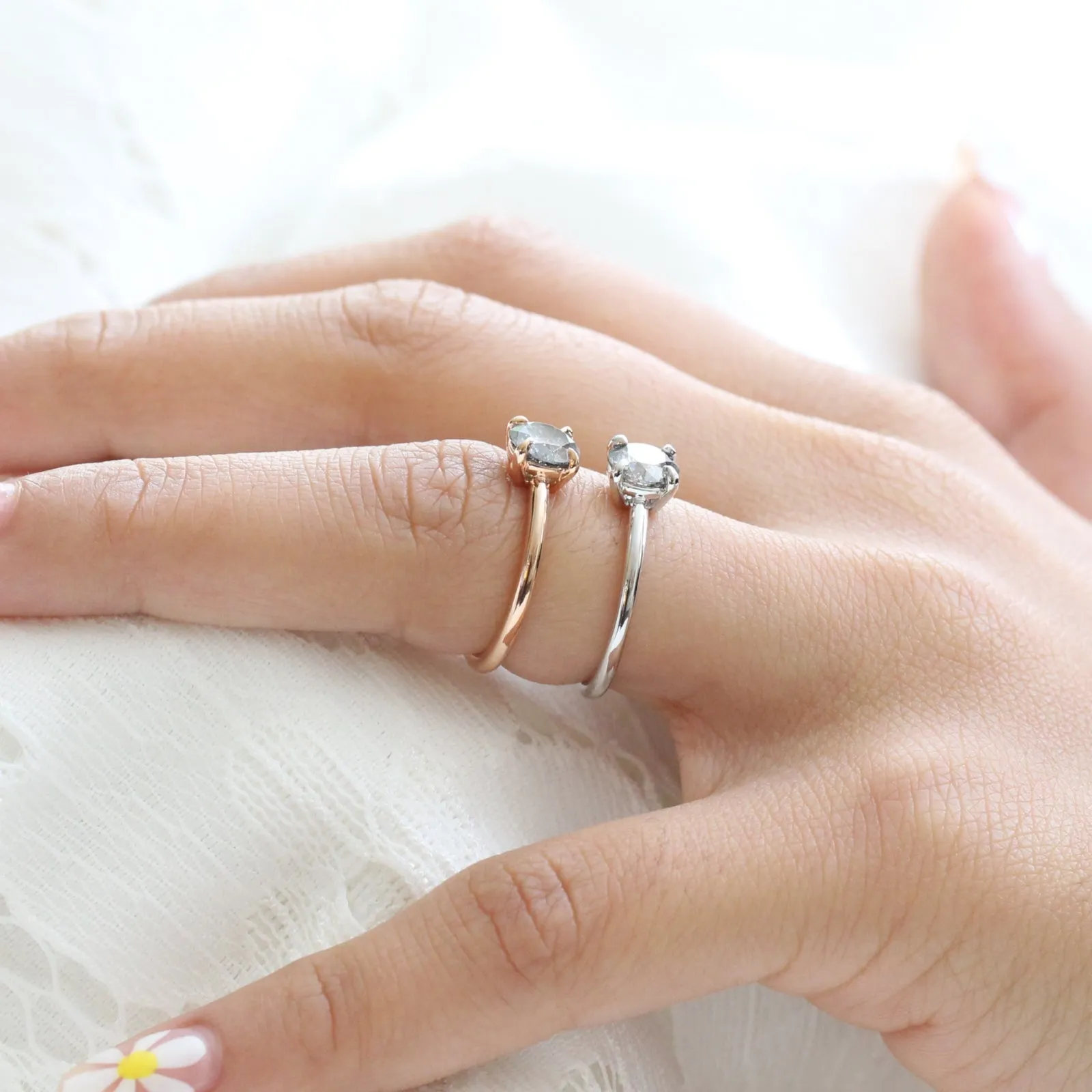 1.02 Carat Salt and Pepper Diamond Ring in 14k White Gold Low Profile Solitaire Ring, Size 6