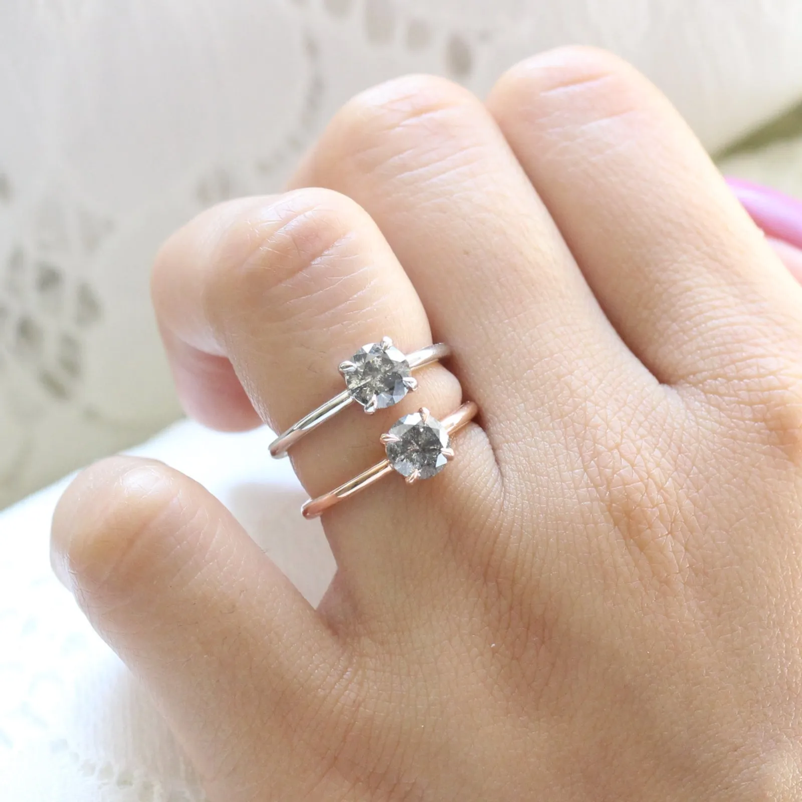 1.02 Carat Salt and Pepper Diamond Ring in 14k White Gold Low Profile Solitaire Ring, Size 6