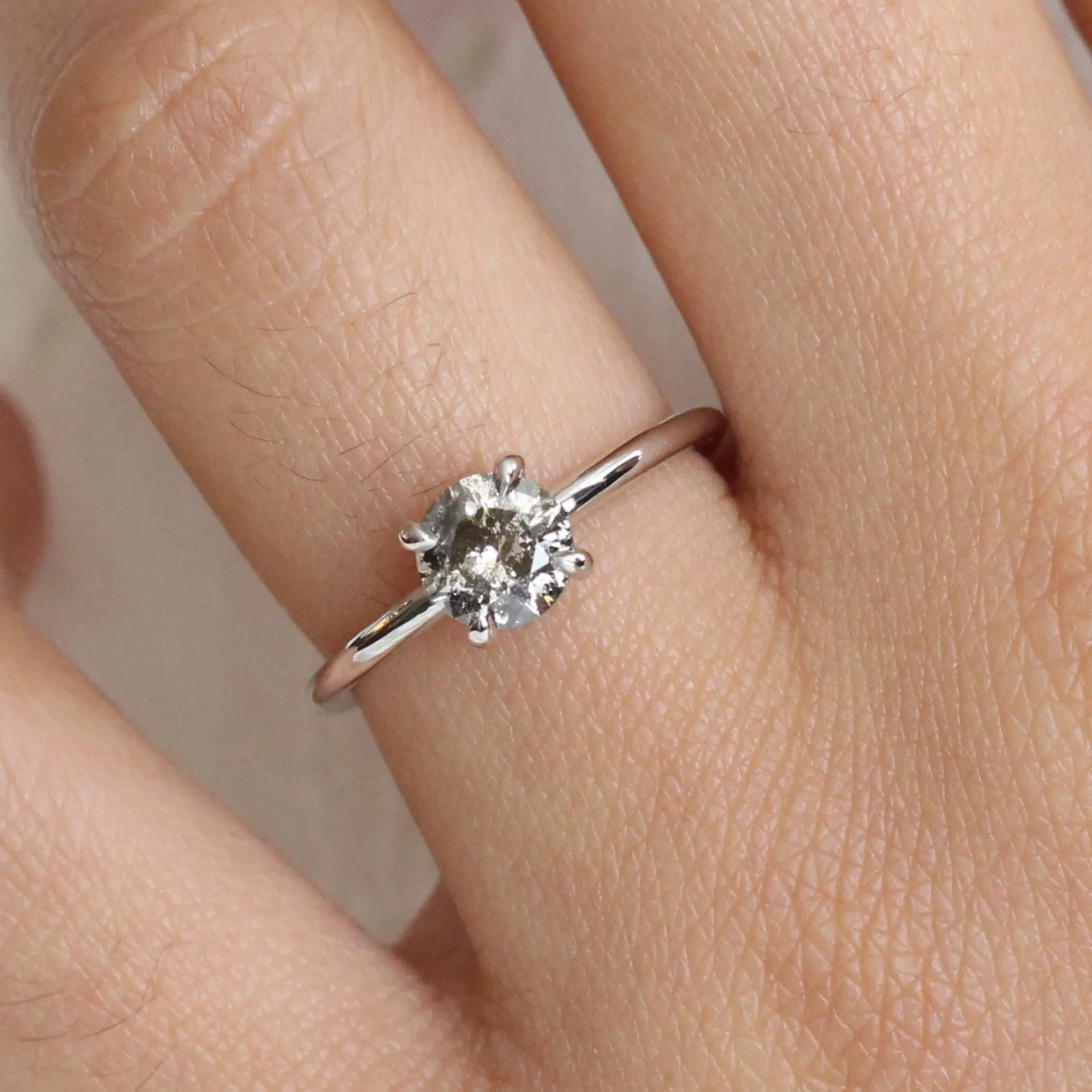 1.02 Carat Salt and Pepper Diamond Ring in 14k White Gold Low Profile Solitaire Ring, Size 6