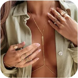 14K Gold Body Chains for Women, Sexy Layered Belly Waist Chain Bikini Bra Chain, Summer Beach Rhinestone Body Jewelry