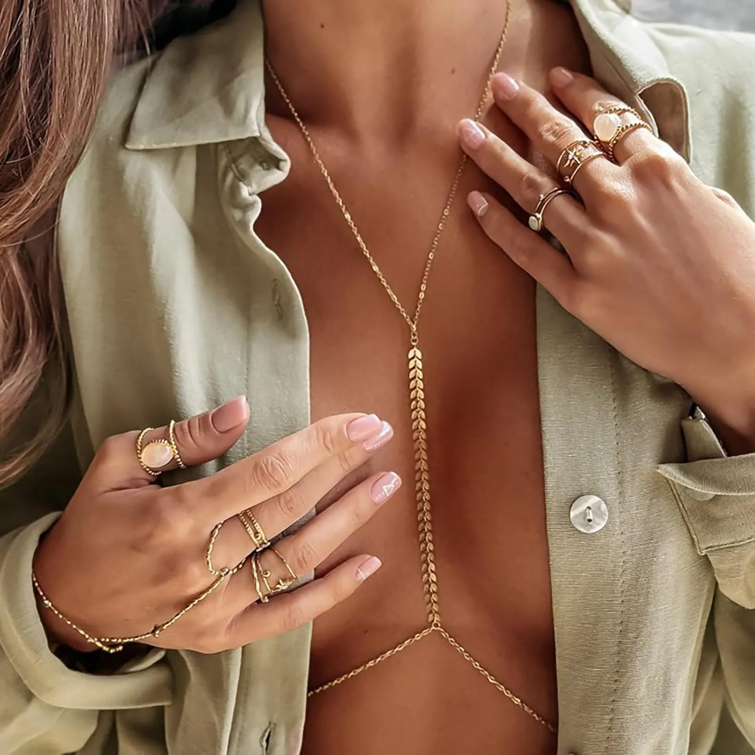 14K Gold Body Chains for Women, Sexy Layered Belly Waist Chain Bikini Bra Chain, Summer Beach Rhinestone Body Jewelry