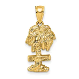 14K Yellow Gold Polished Finish Flat Back 2-Dimensional CURACAO On Palm Tree Design Charm Pendant
