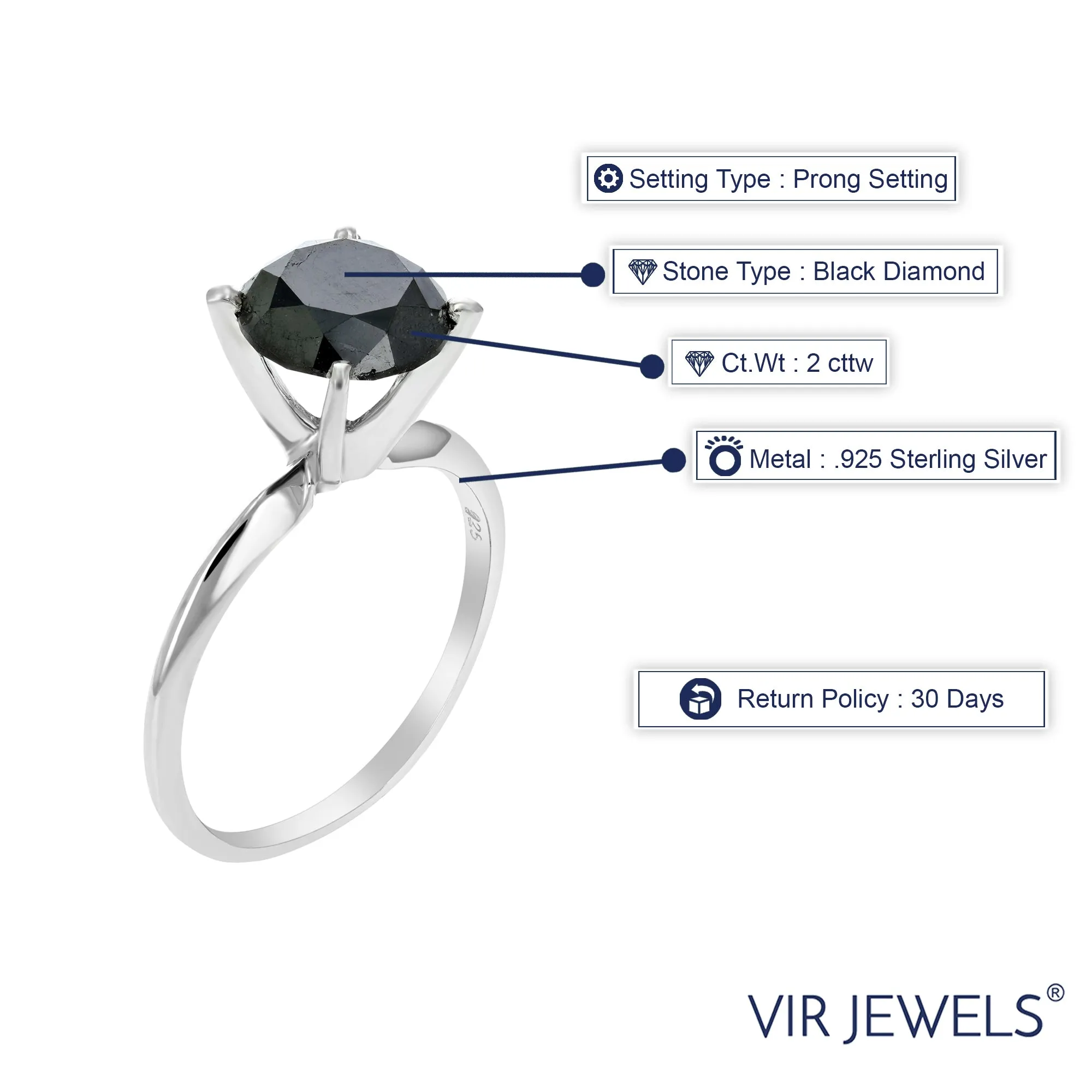2 cttw Black Diamond Solitaire Ring in Sterling Silver