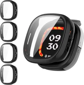 4 Pack Hard PC Screen Protector Case for Fitbit Ace LTE with Tempered Glass, High Sensitivity Anti-Fall Cover Bumper for Google Fitbit Ace LTE