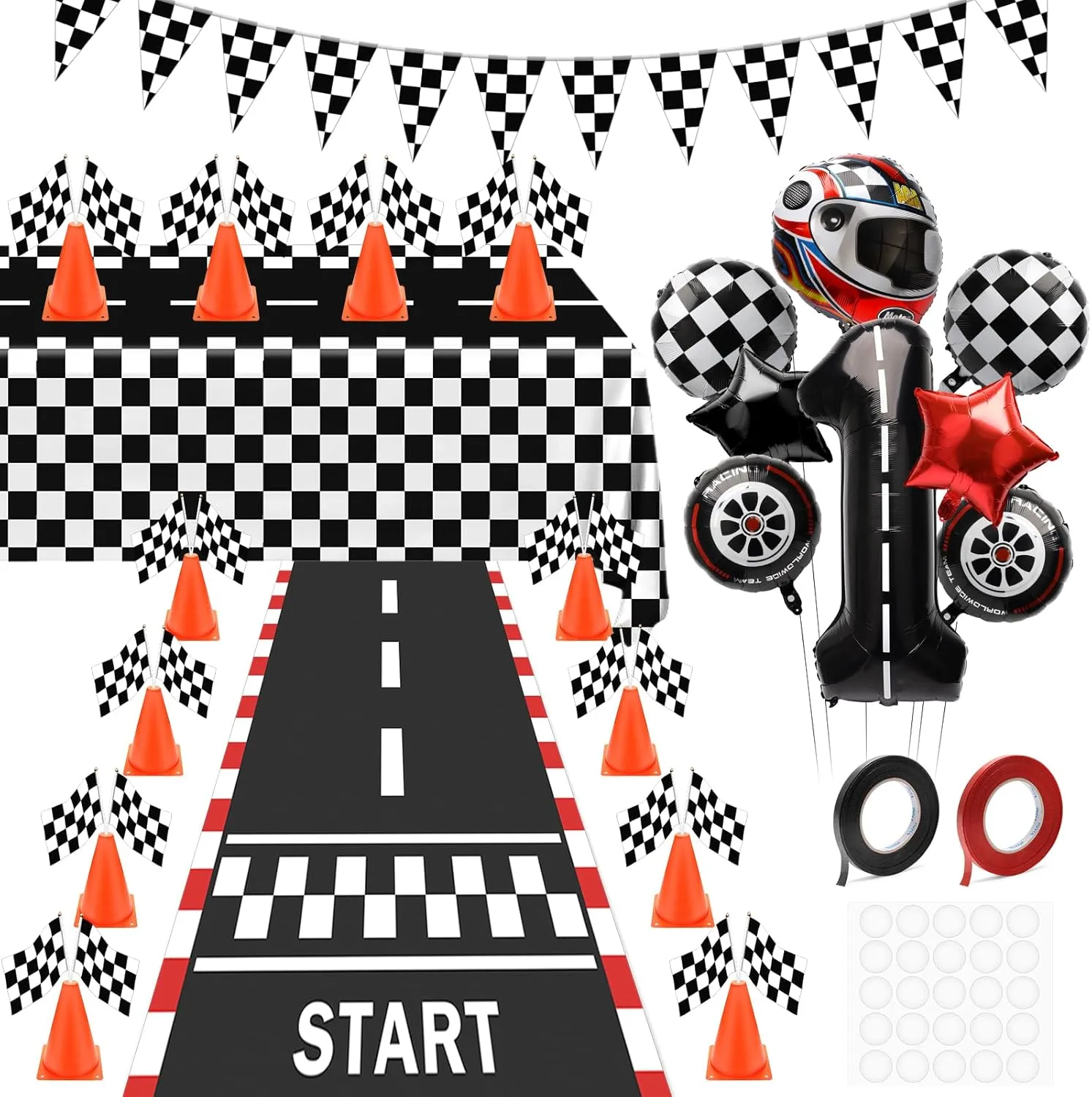 49 Pcs Checkered Flag Party Supplies, Pletpet Race Car Party Decorations Include 24P Racing Checkered Flags Hand Held 12P Traffic Cones 1 Hanging Checkered Flag 1 Racetrack Floor Running and Others