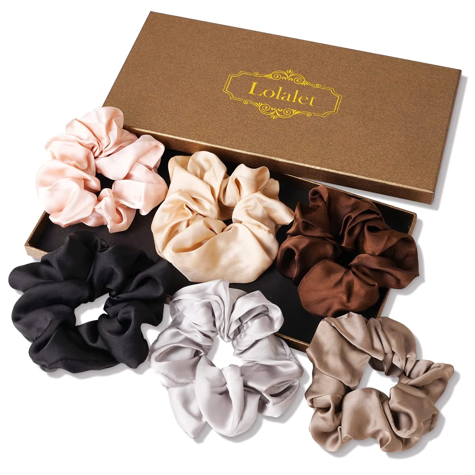6 Pcs Lolalet Silk Hair Scrunchies for Women Girls, Silk Satin Hair Ties Breakage Frizz Prevention Soft Elastic Ponytail Holders for Thick Hair Curly Hair Long Fine Hair Accessories Scrunchy Set Multi-color A