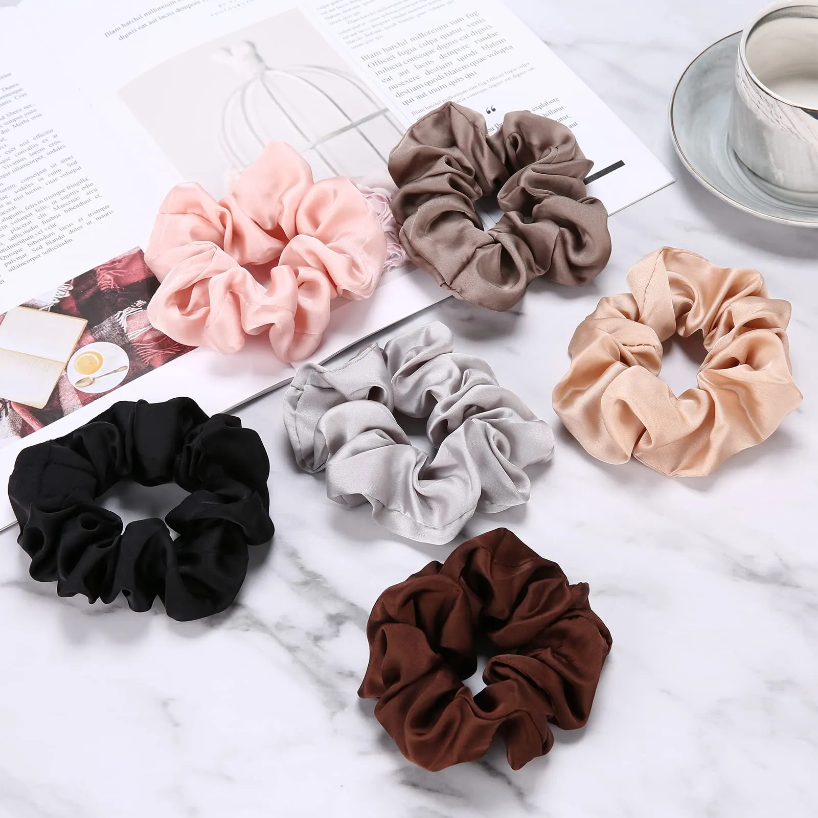 6 Pcs Lolalet Silk Hair Scrunchies for Women Girls, Silk Satin Hair Ties Breakage Frizz Prevention Soft Elastic Ponytail Holders for Thick Hair Curly Hair Long Fine Hair Accessories Scrunchy Set Multi-color A