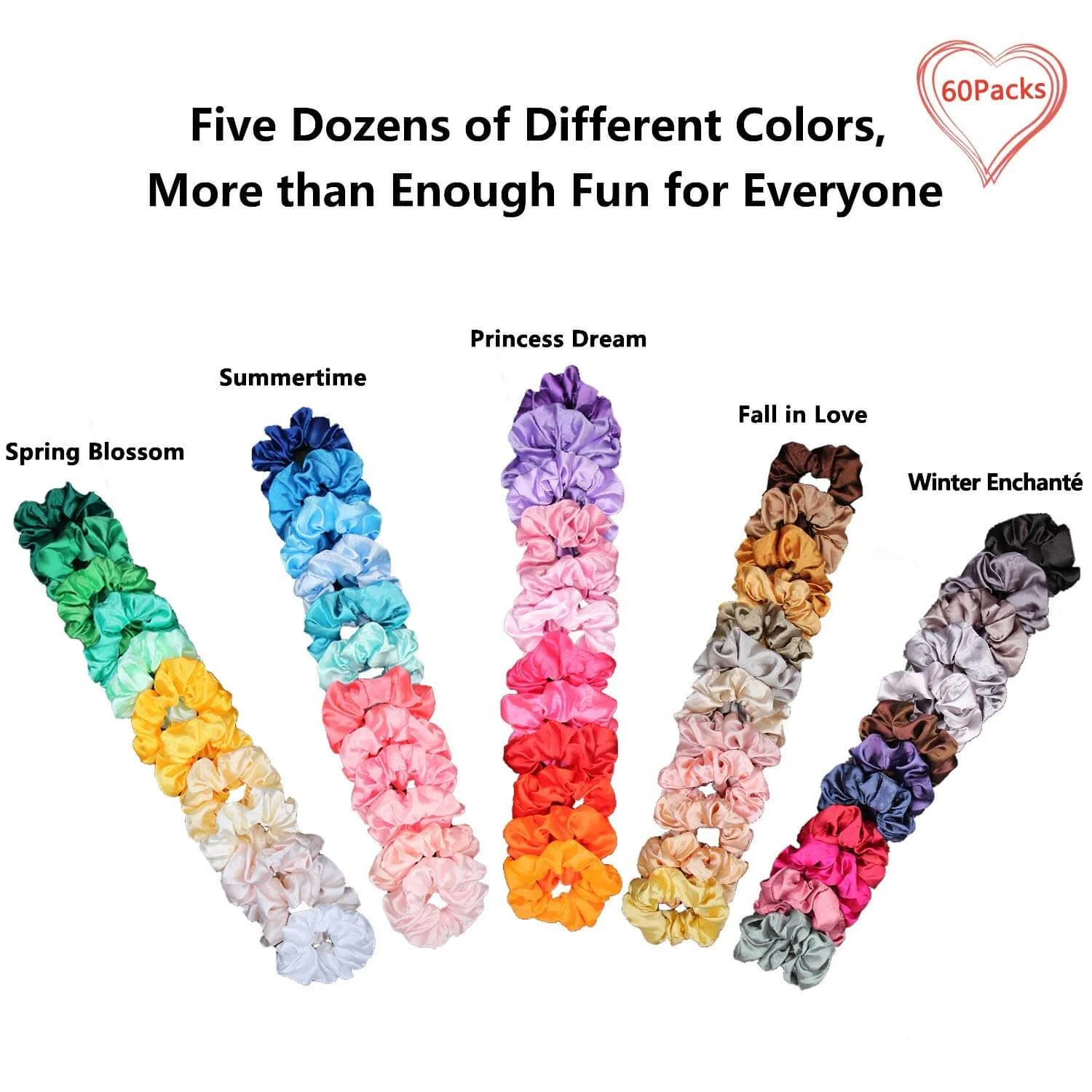 60 Pack Satin Scrunchies Silky Hair Accessories