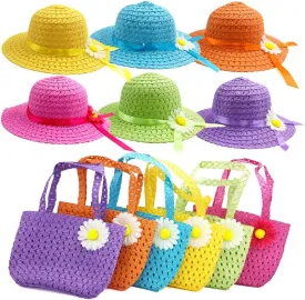 6Sets Girls Tea Party Straw Sun Hat and Purse Kids Party Birthday Travel Gift