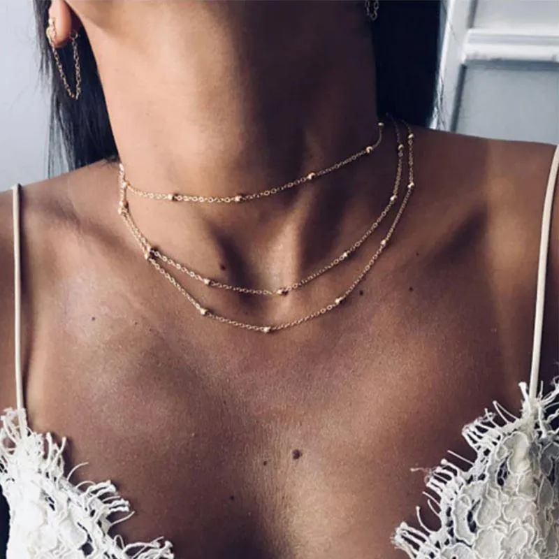Adjustable 3-Layer Beaded Choker Necklace - High-Quality Zinc Alloy