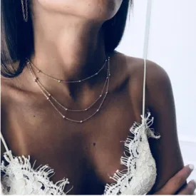 Adjustable 3-Layer Beaded Choker Necklace - High-Quality Zinc Alloy