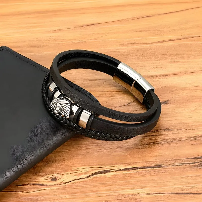 Animal Lion Woven Multilayer Leather Bracelet