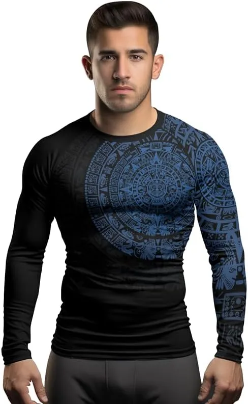Aztec Ranked Long Sleeve Rash Guard Men's Baselayer Compression Shirt for MMA BJJ Jiu Jitsu