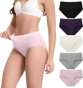 BAMBOO COOL Women's Underwear Mid Waisted Brief Ladies Seamless Panties Moisture Wicking Stretchy Full Coverage 5 Pack
