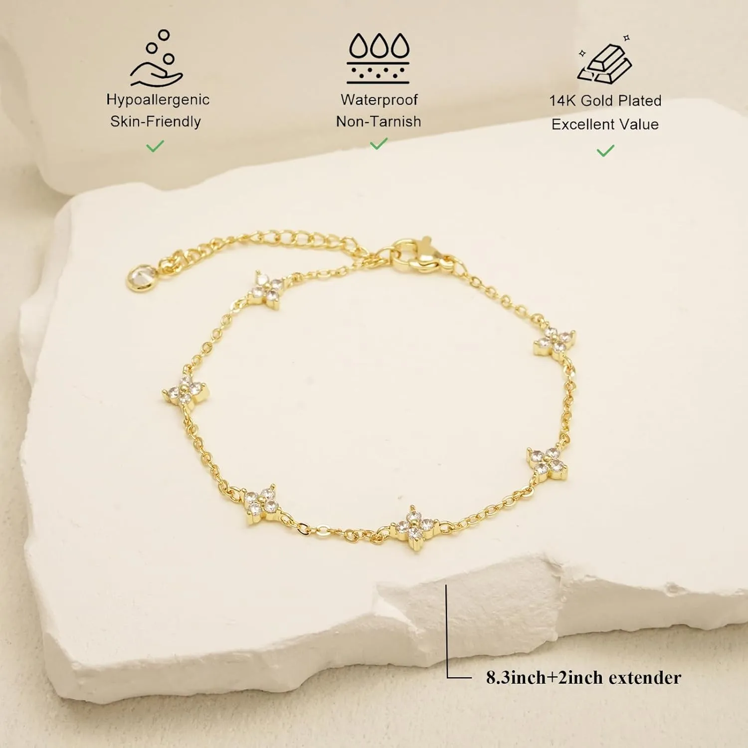 Bracelets for Women 14K Gold Silver Plated Ring Bracelet Hand Chain Dainty Evil Eye Heart Clover Daisy Cubic Zirconia Stackable Link Chain Hypoallergenic Body Jewelry Cute Trendy Gifts