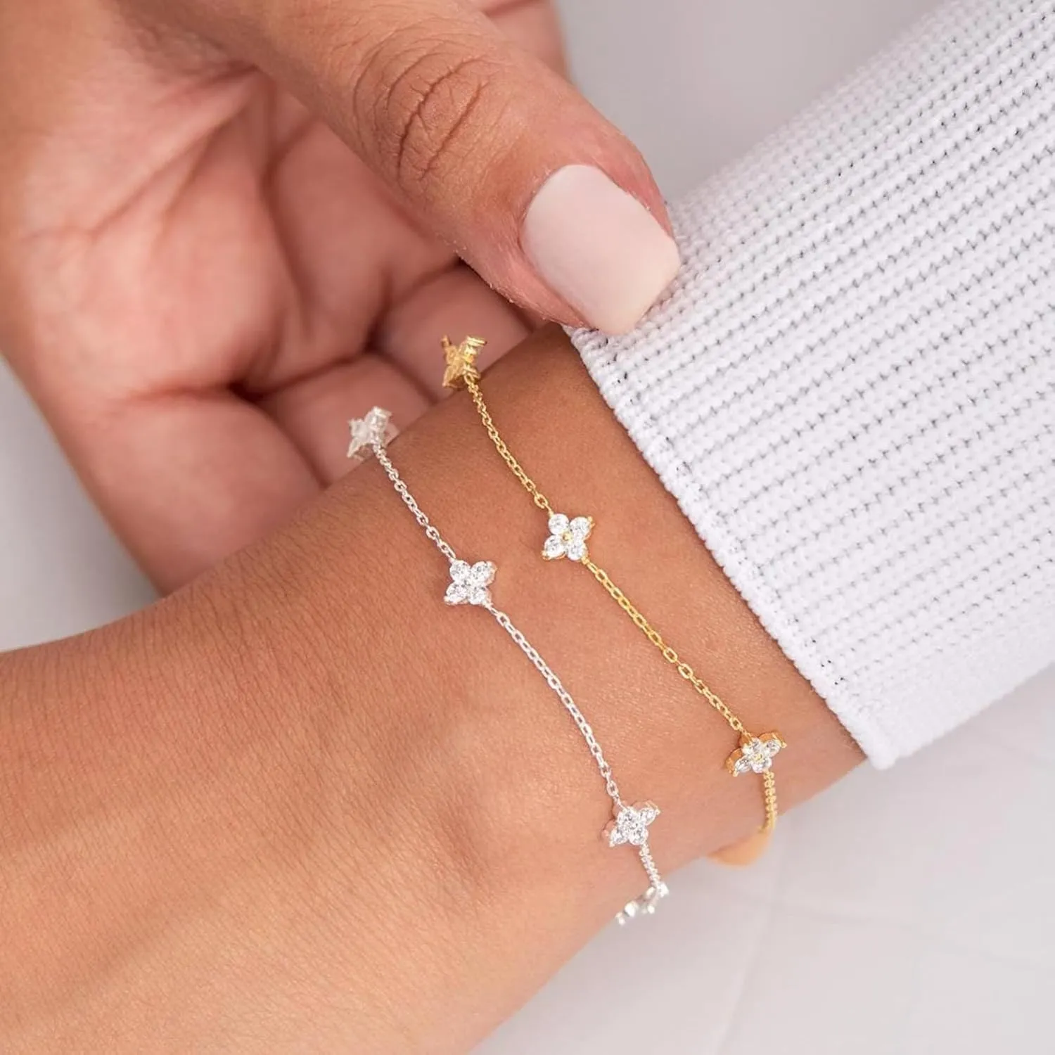 Bracelets for Women 14K Gold Silver Plated Ring Bracelet Hand Chain Dainty Evil Eye Heart Clover Daisy Cubic Zirconia Stackable Link Chain Hypoallergenic Body Jewelry Cute Trendy Gifts