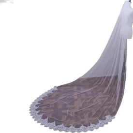 Bridal Veil Cathedral Bride Veil 1 Tier, Long Mantilla Veil Lace Flower Edge Tulle with Metal Comb