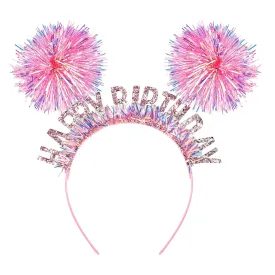 Chanaco Pink Princess Birthday Headband, Glitter Rainbow Tassel Tiara Hair Accessory for Girls & Women, Flexible & Comfortable, Reusable