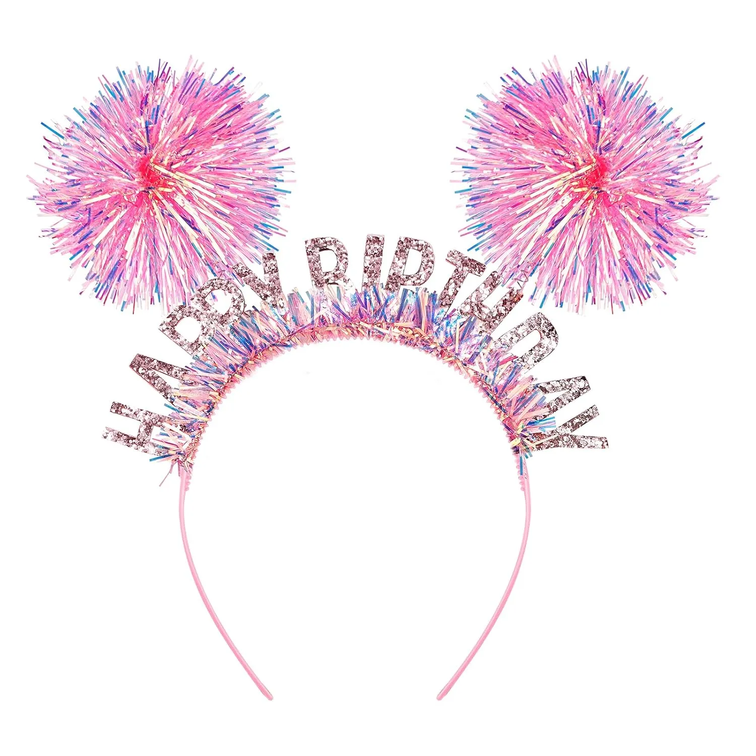 Chanaco Pink Princess Birthday Headband, Glitter Rainbow Tassel Tiara Hair Accessory for Girls & Women, Flexible & Comfortable, Reusable