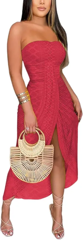 CHICME Women's Strapless Maxi Bodycon Dresses Wrap Asymmetrical Beach Maxi Long Dress Beach Sunset Dress