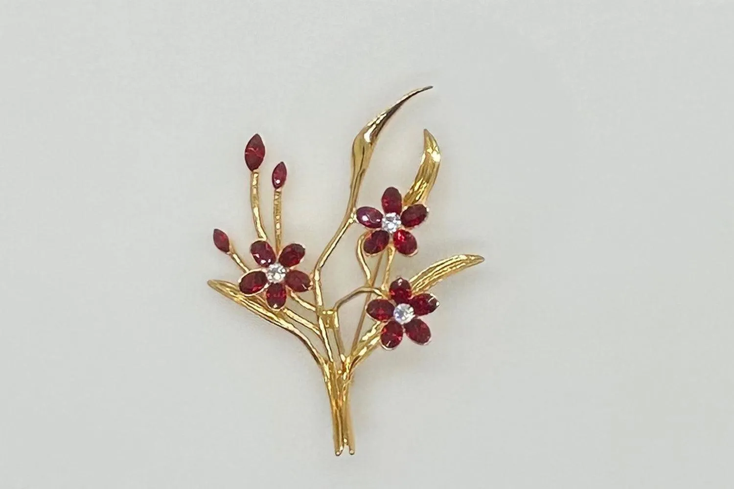 Classic Vintage Floral Brooch with Rich Red Stones