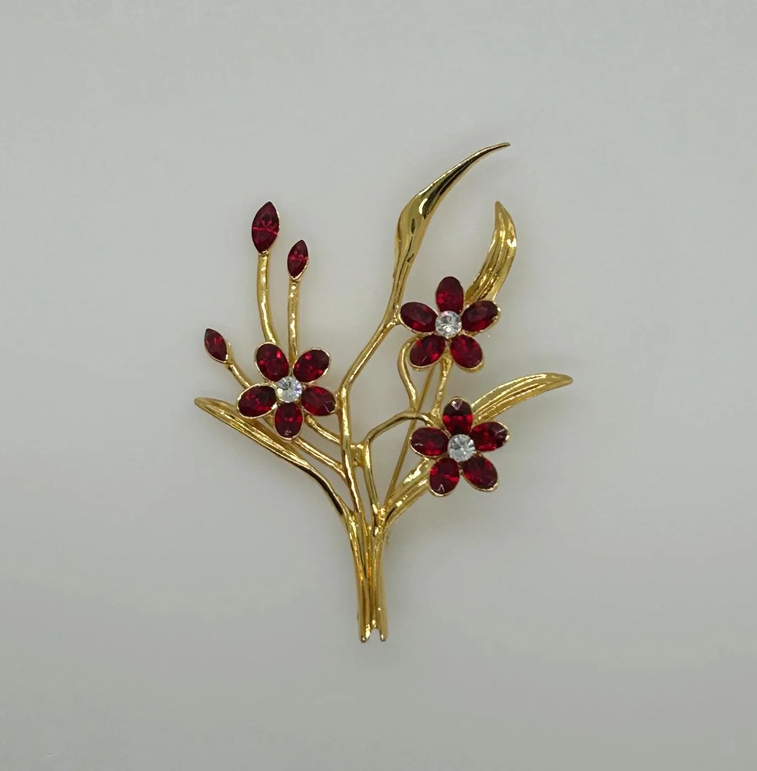 Classic Vintage Floral Brooch with Rich Red Stones