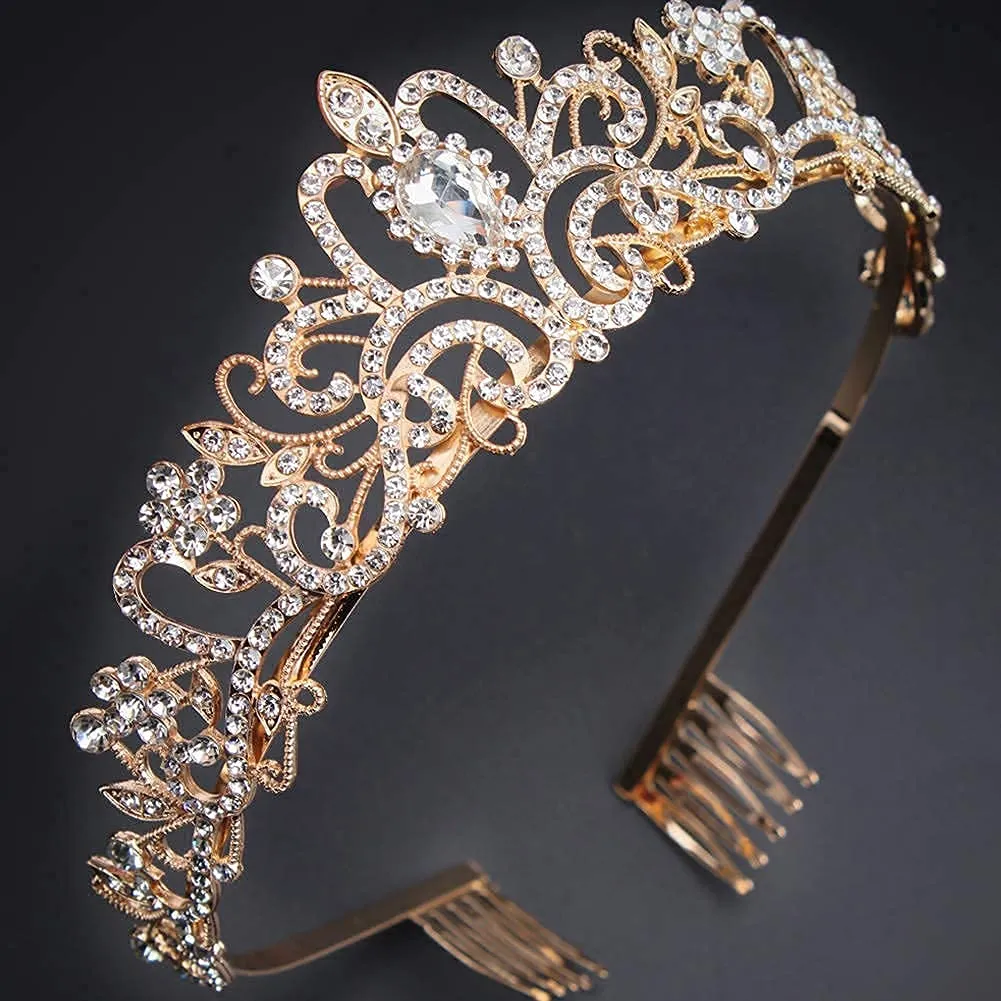 Didder Gold Crystal Tiara Crown Headband Princess Elegant Crown with combs for Women Girls Bridal Wedding Prom Birthday Party