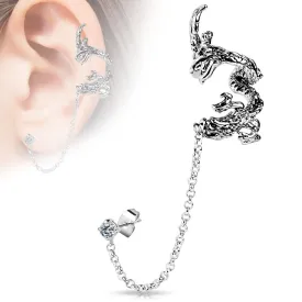 Dragon Design Ear Cuff with Chain Linked CZ Jewelled Stud - E632