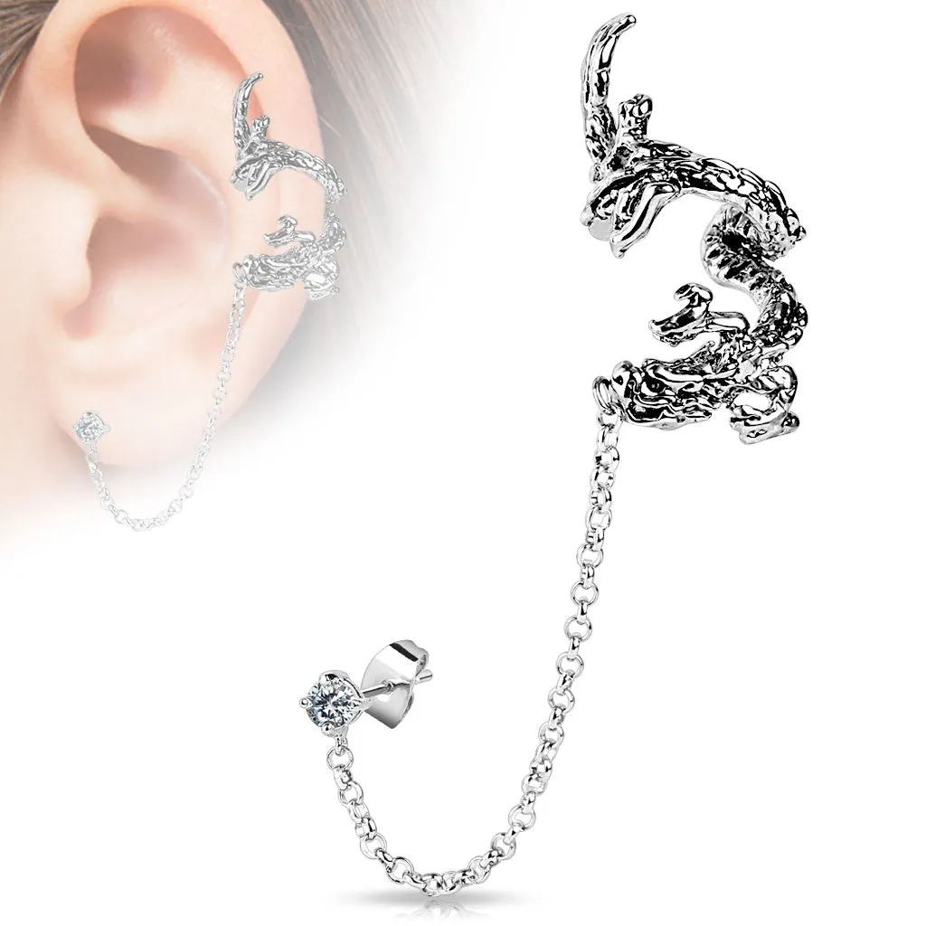 Dragon Design Ear Cuff with Chain Linked CZ Jewelled Stud - E632