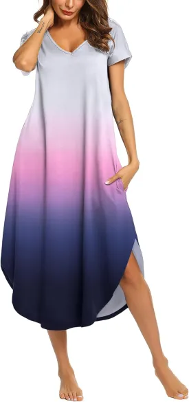 Ekouaer Nightgowns for Women V Neck Nightshirts Short Sleeve Soft Sleepwear Side Split Pockets Long Nightdress