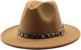 European and American Woolen Hat, Leopard Print Hat for Men and Women, Flat Brim Big Brim Jazz Felt Hat Fengyan Cowboy Hats (Color : Light Coffee, Size : 56-58cm)