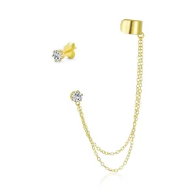 Geometric Ear Cuff Cartilage with Chains CZ Stud 14K Gold Plated Silver