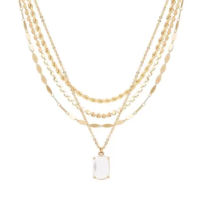 Gold Three Chain Layered with Clear Crystal Stone Drop 16"-18" Necklace