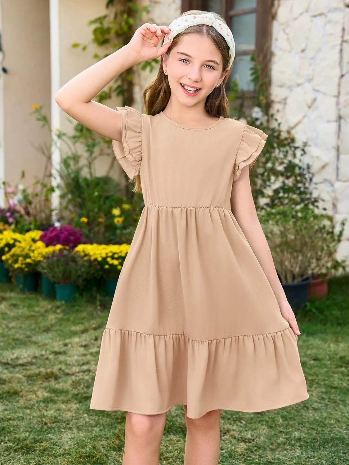 Haloumoning Girls Dresses Kids Summer Double Layer Ruffle Sleeve Dress 5-14 Years