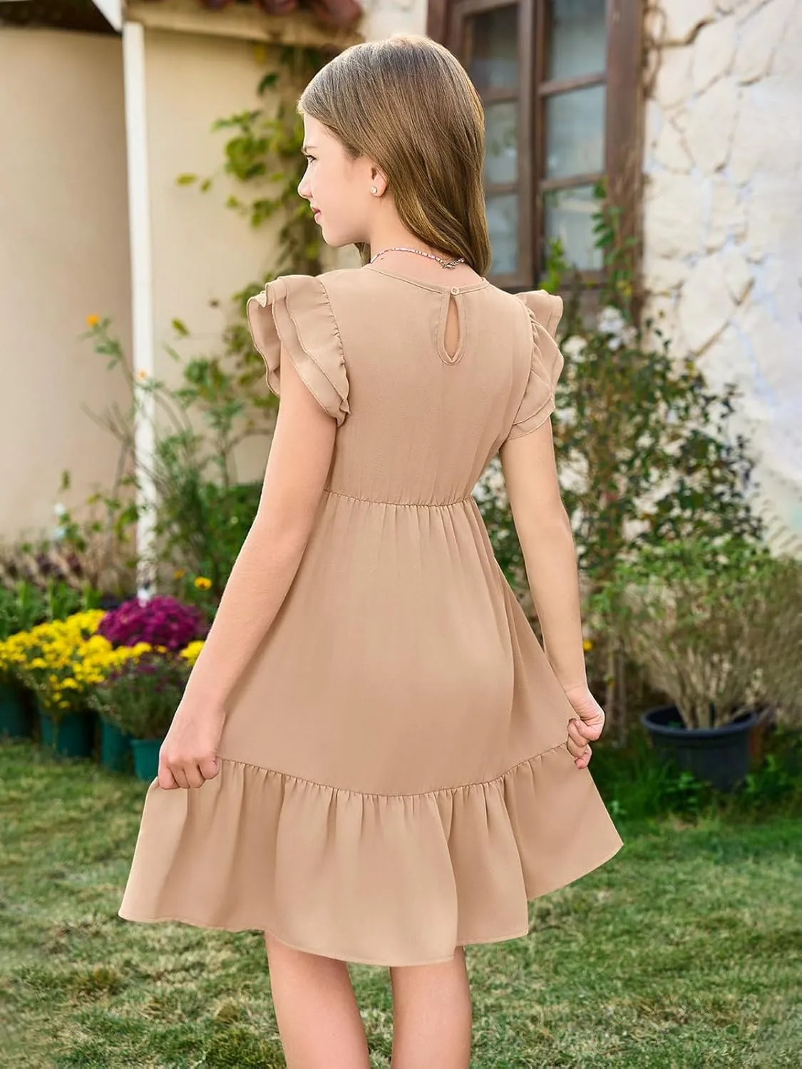 Haloumoning Girls Dresses Kids Summer Double Layer Ruffle Sleeve Dress 5-14 Years