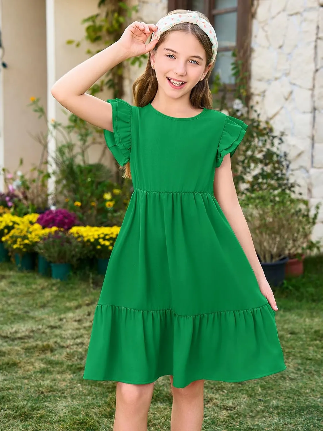 Haloumoning Girls Dresses Kids Summer Double Layer Ruffle Sleeve Dress 5-14 Years