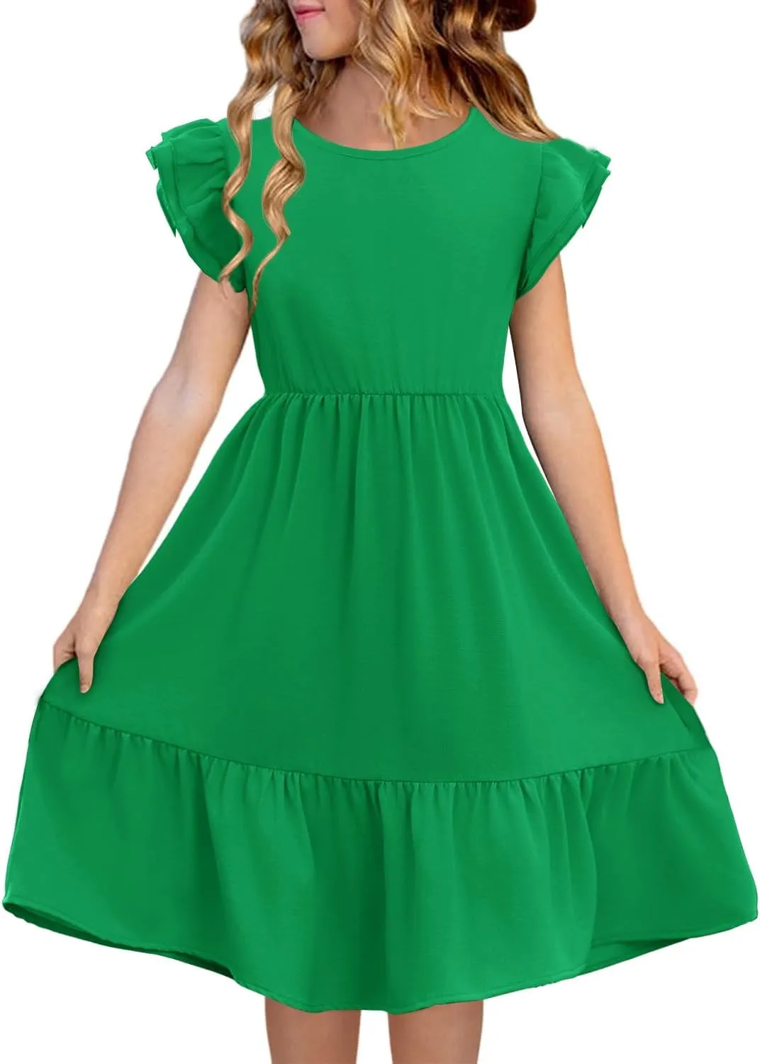 Haloumoning Girls Dresses Kids Summer Double Layer Ruffle Sleeve Dress 5-14 Years
