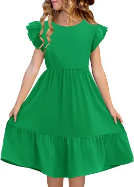 Haloumoning Girls Dresses Kids Summer Double Layer Ruffle Sleeve Dress 5-14 Years