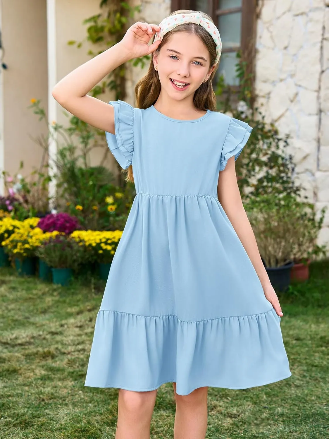 Haloumoning Girls Dresses Kids Summer Double Layer Ruffle Sleeve Dress 5-14 Years