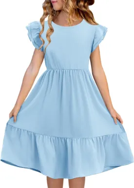 Haloumoning Girls Dresses Kids Summer Double Layer Ruffle Sleeve Dress 5-14 Years