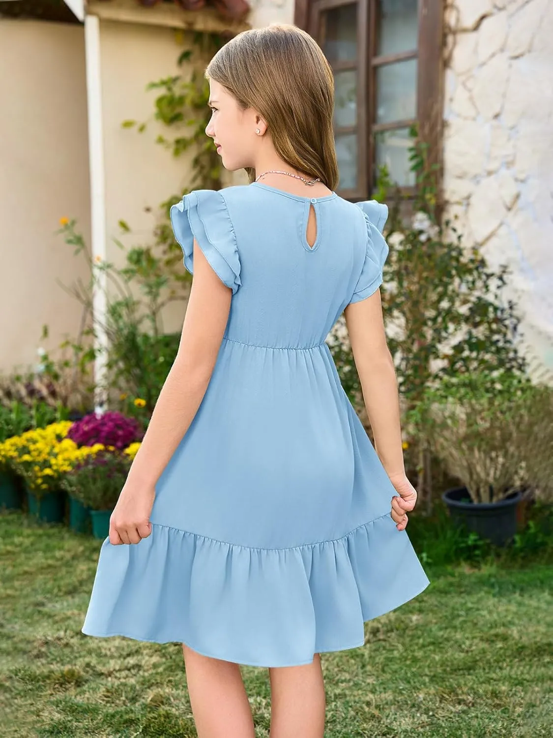Haloumoning Girls Dresses Kids Summer Double Layer Ruffle Sleeve Dress 5-14 Years