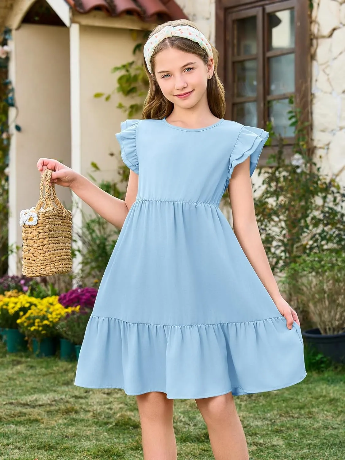 Haloumoning Girls Dresses Kids Summer Double Layer Ruffle Sleeve Dress 5-14 Years